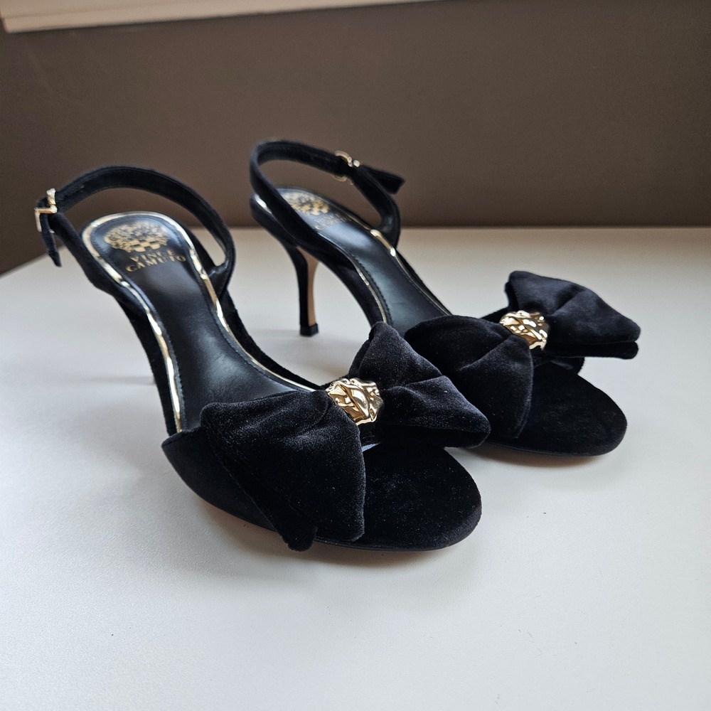 Black Velvet Bow Slingback Heels Womens Size 6.5M Gold Whimsigoth Formal Hoco